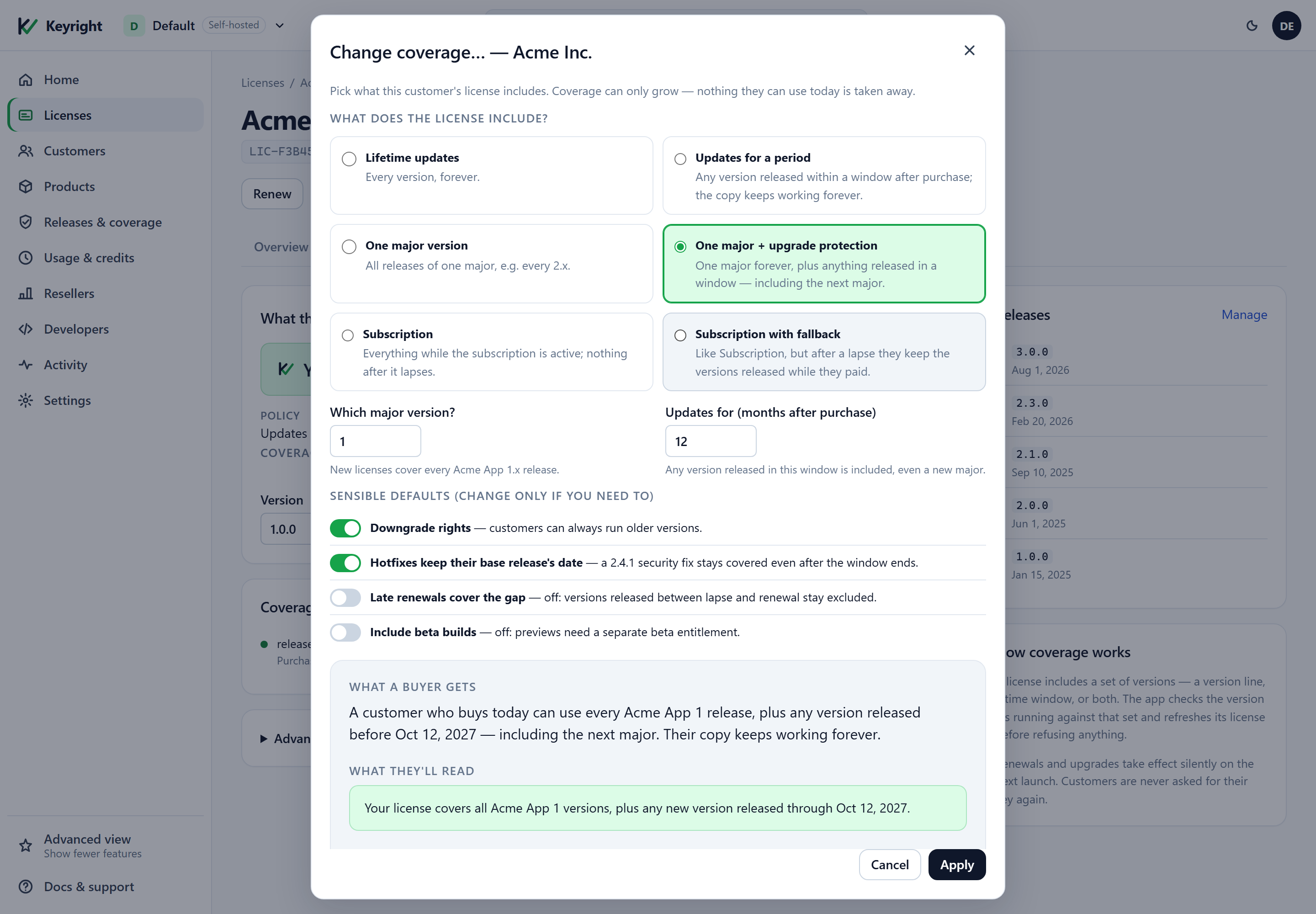 The Change coverage dialog for a license: the six preset cards with Subscription with fallback selected, a Term (months) field set to 12, the sensible-defaults switches, and a live preview of what the buyer gets.