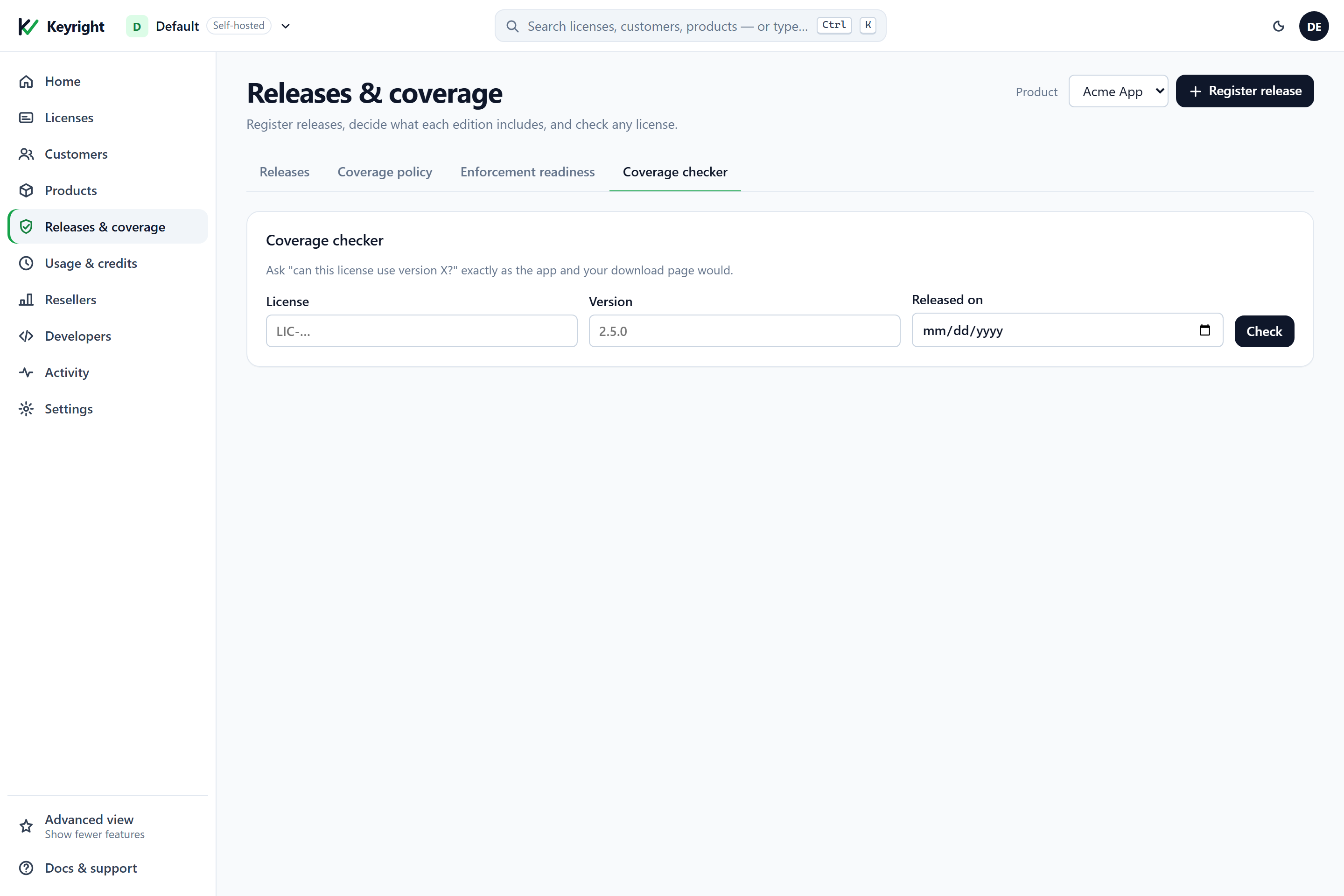 Releases & coverage → Coverage checker: a license key, version 3.0.0 and an optional released-on date, with the result 'Not covered. That version is outside the version line this license includes.' and an Open link to the license.