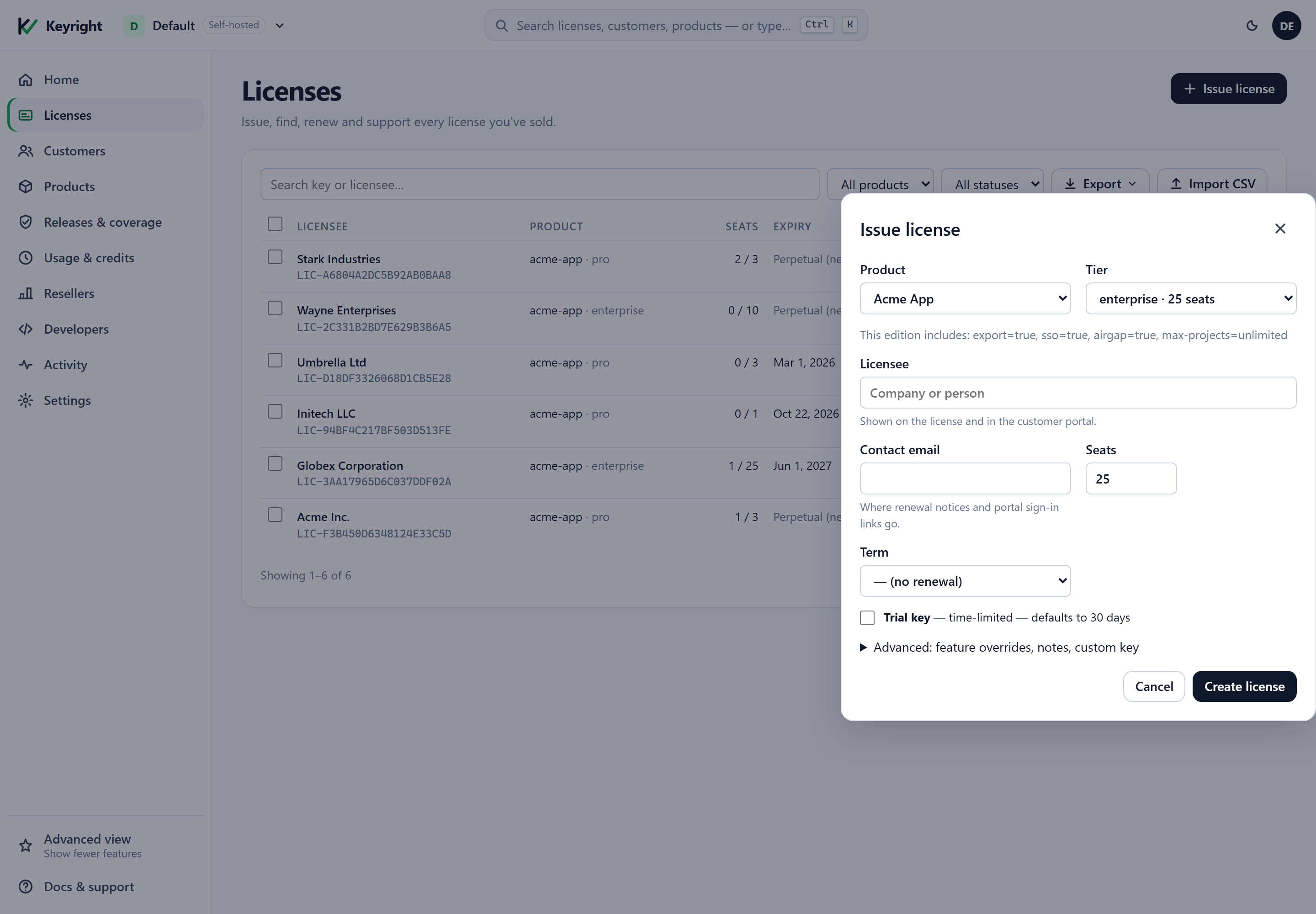 The Issue license drawer over the Licenses list: product Acme Studio, tier selector showing the edition and its seats, a 'This edition includes' line, licensee, contact email, seats, term, a trial toggle and a collapsed Advanced section for feature overrides, notes and a custom key.