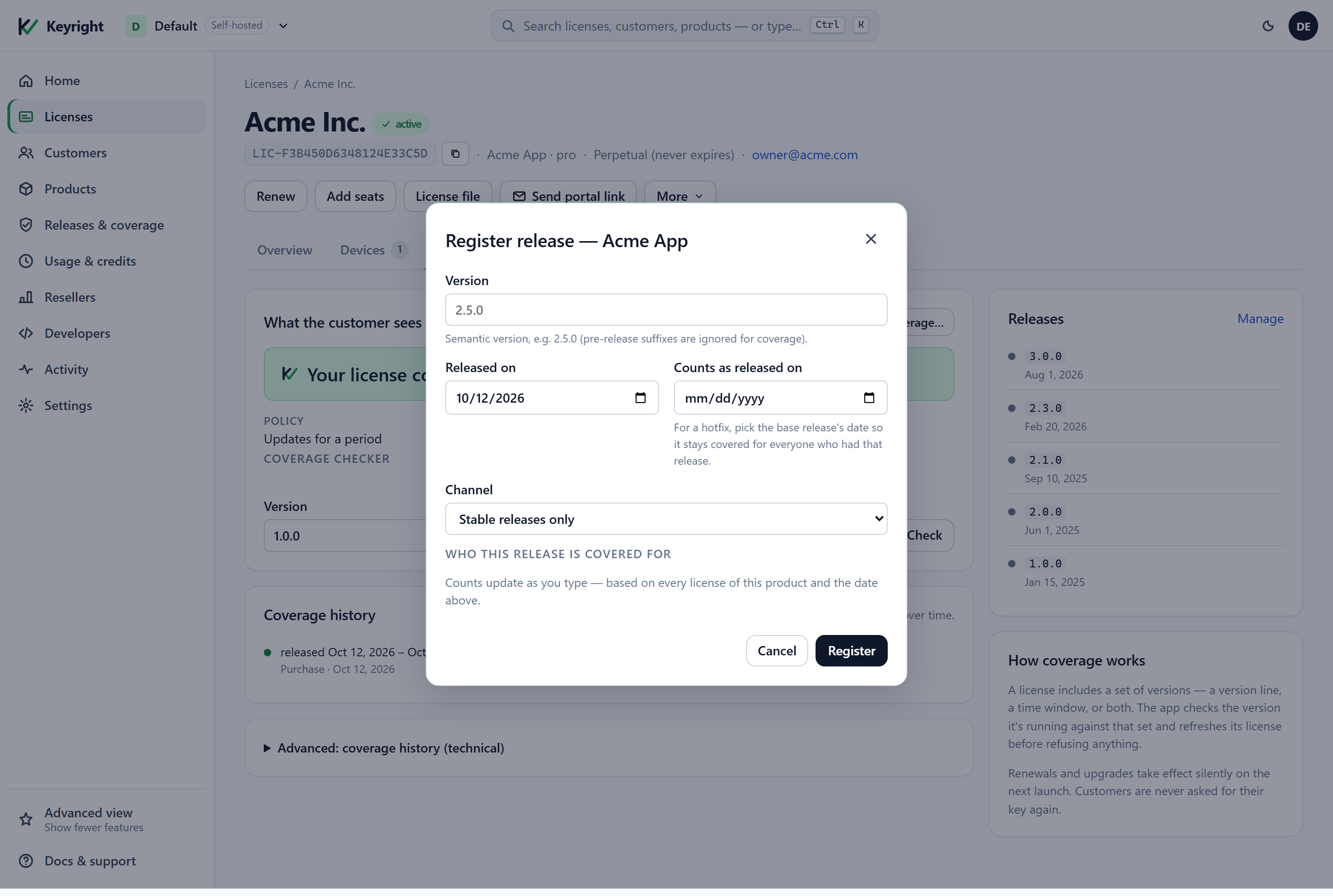 The Advanced: coverage history (technical) section open on a license: an Enforced badge with a Pause enforcement button, a table of terms (versions 2.0.0 → < 3.0.0 with any dates, and any version with dates Oct 9 2026 – Oct 9 2027, both stable, Purchase, Active, each with a Remove button), Add a custom term and Download signed coverage file buttons, and 'Coverage version 2'.