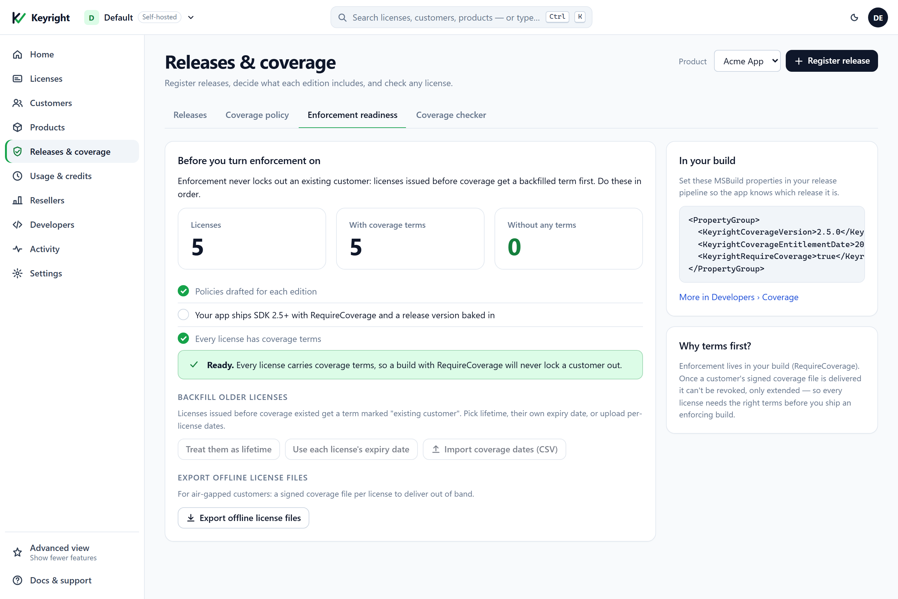 Enforcement readiness after backfilling: 5 licenses, 5 with coverage terms, 0 without; the checklist shows every license has coverage terms and a green 'Ready' callout says a build with RequireCoverage will never lock a customer out.