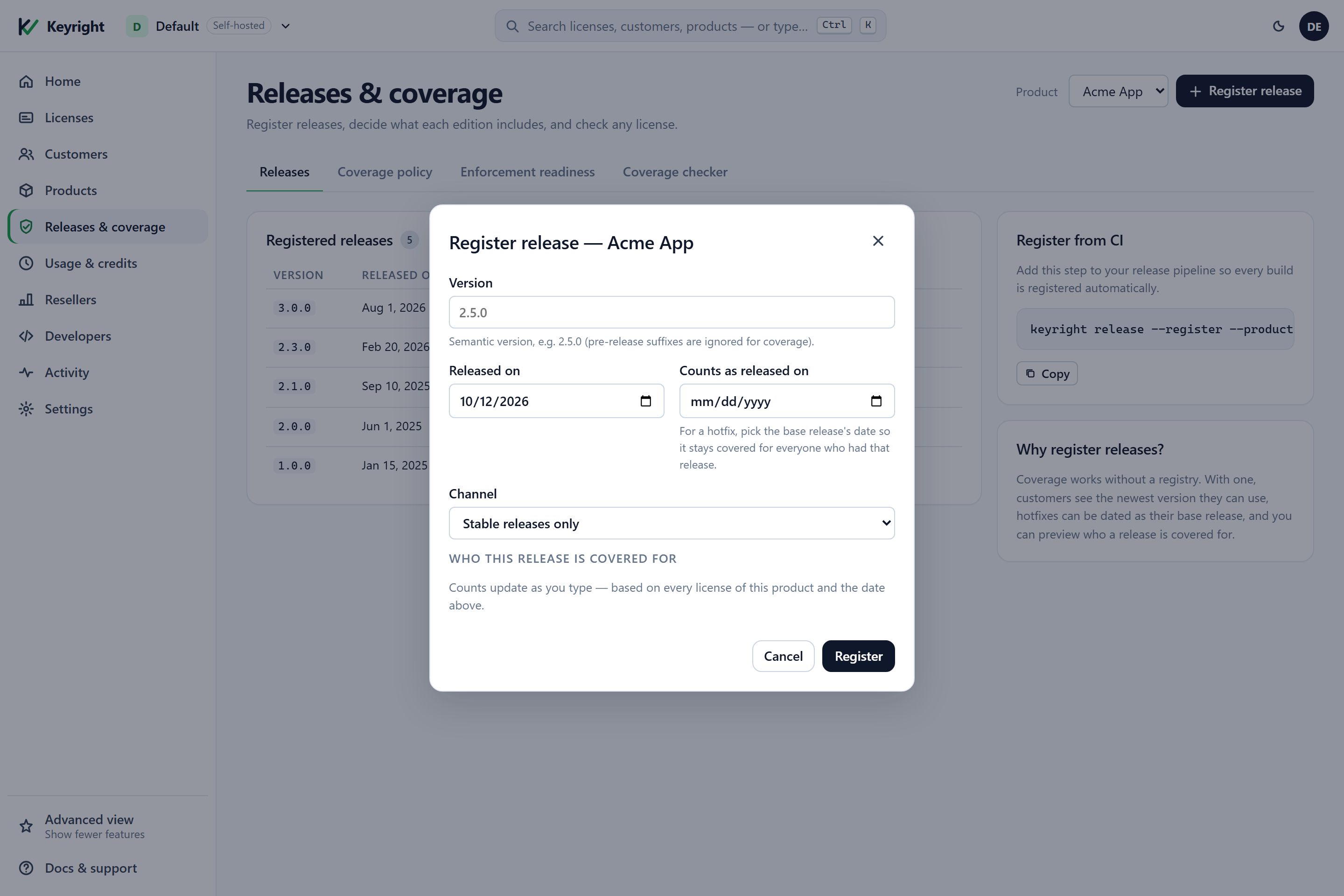 The Register release dialog: version 2.5.0, released-on and counts-as-released-on date pickers with a hint to use the base release's date for a hotfix, a channel selector, and a live 'who this release is covered for' preview with covered, not covered and total license counts.