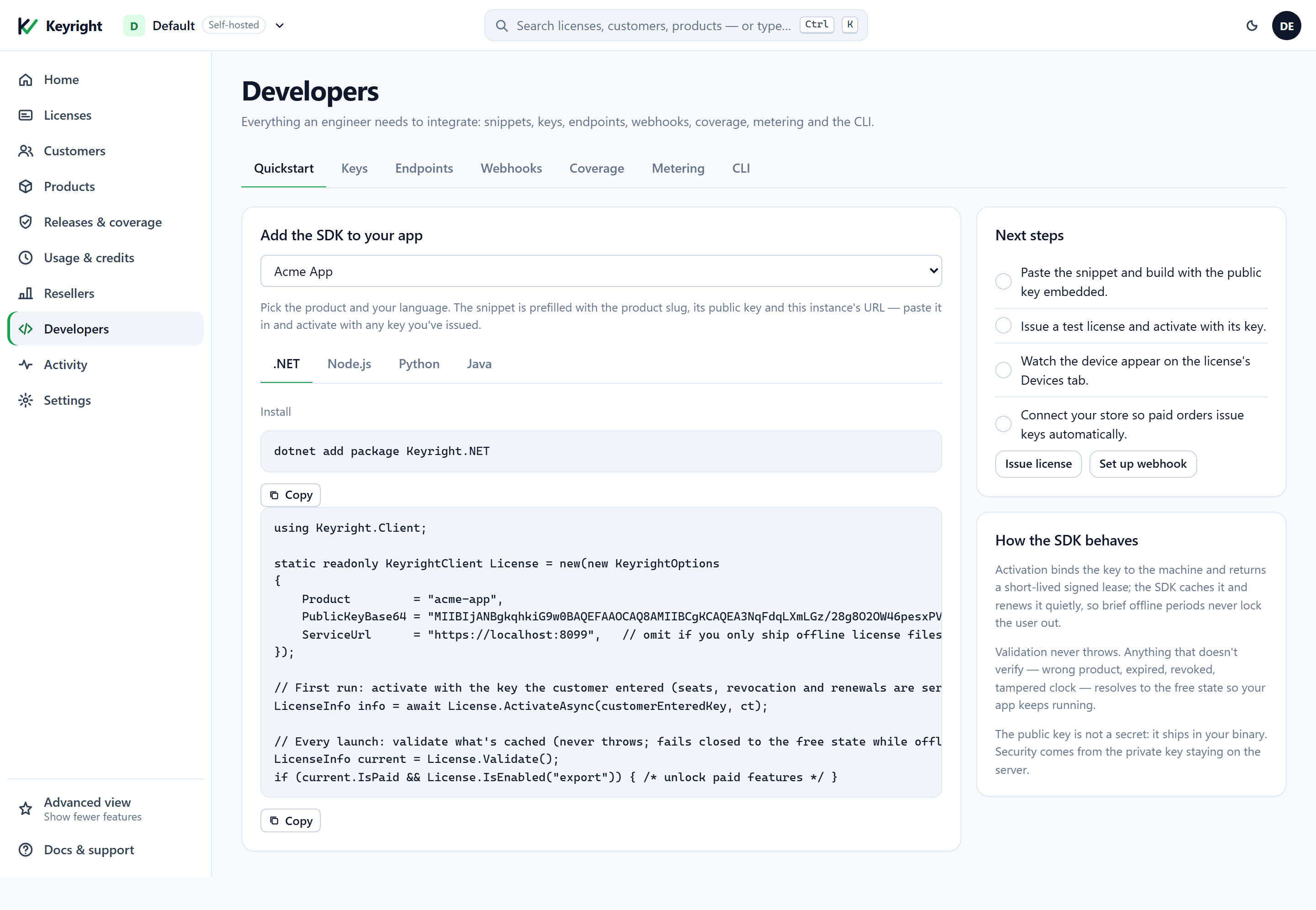 Die Seite Developers → Quickstart mit dem Titel „Add the SDK to your app“, dem in einem Dropdown ausgewählten Produkt Acme App und Sprach-Tabs für .NET, Node.js, Python und Java. Unter dem Tab .NET zeigt sie den Installationsbefehl „dotnet add package Keyright.NET“ und ein kopierbares Snippet, vorausgefüllt mit Product = acme-app, einem langen PublicKeyBase64-String und ServiceUrl, das ActivateAsync und dann Validate aufruft und mit License.IsEnabled(\
