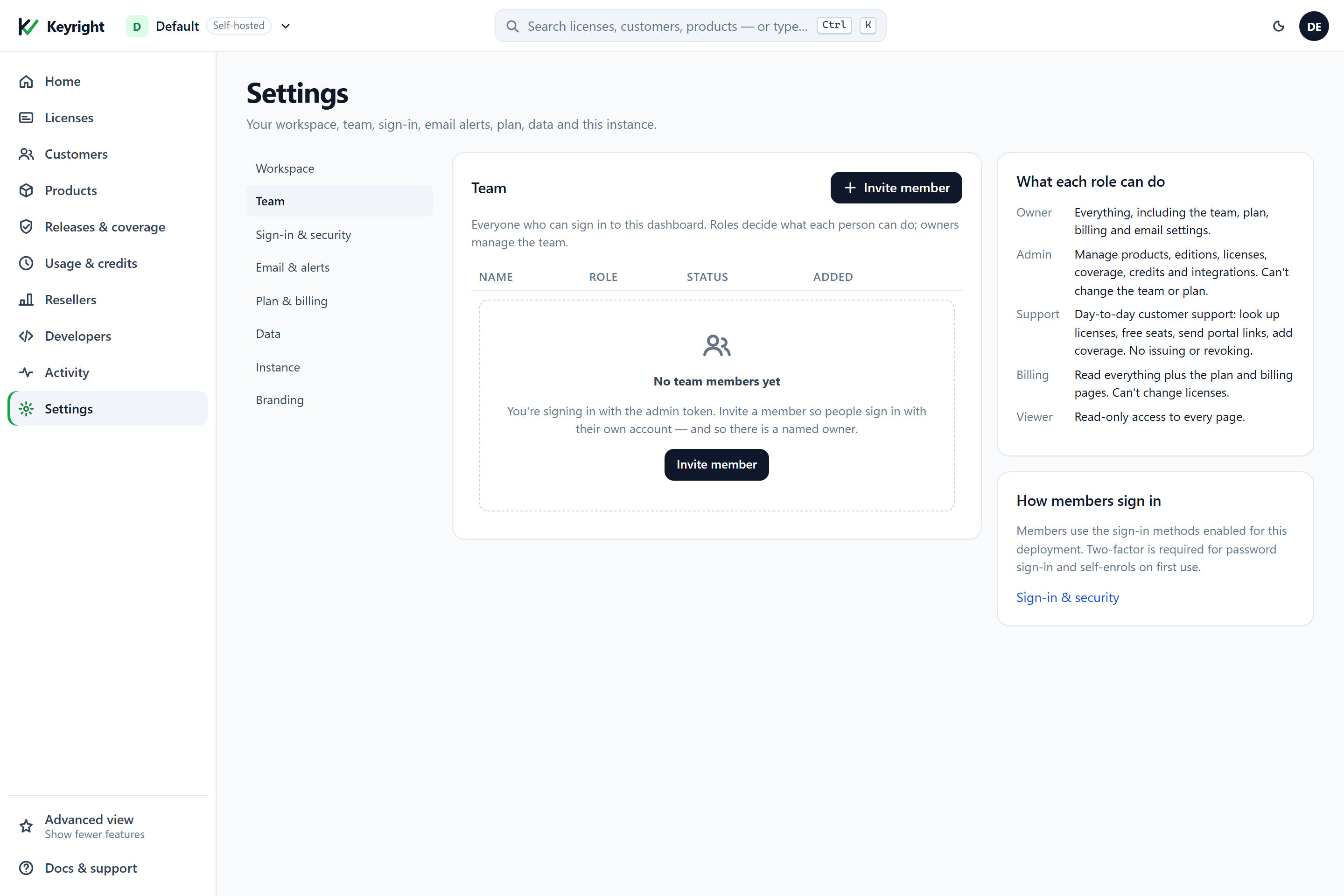 L'écran Settings → Team, avec une sous-navigation des paramètres sur la gauche (Workspace, Team, Sign-in & security, Email & alerts, Plan & billing, Data, Instance, Branding). Le panneau Team — « Everyone who can sign in to this dashboard » — comporte un bouton Invite member et un message d'état vide indiquant que vous êtes connecté avec le jeton d'administration. Un panneau « What each role can do » décrit les rôles Owner, Admin, Support, Billing et Viewer, et un panneau « How members sign in » indique que l'authentification à deux facteurs est requise pour la connexion par mot de passe.
